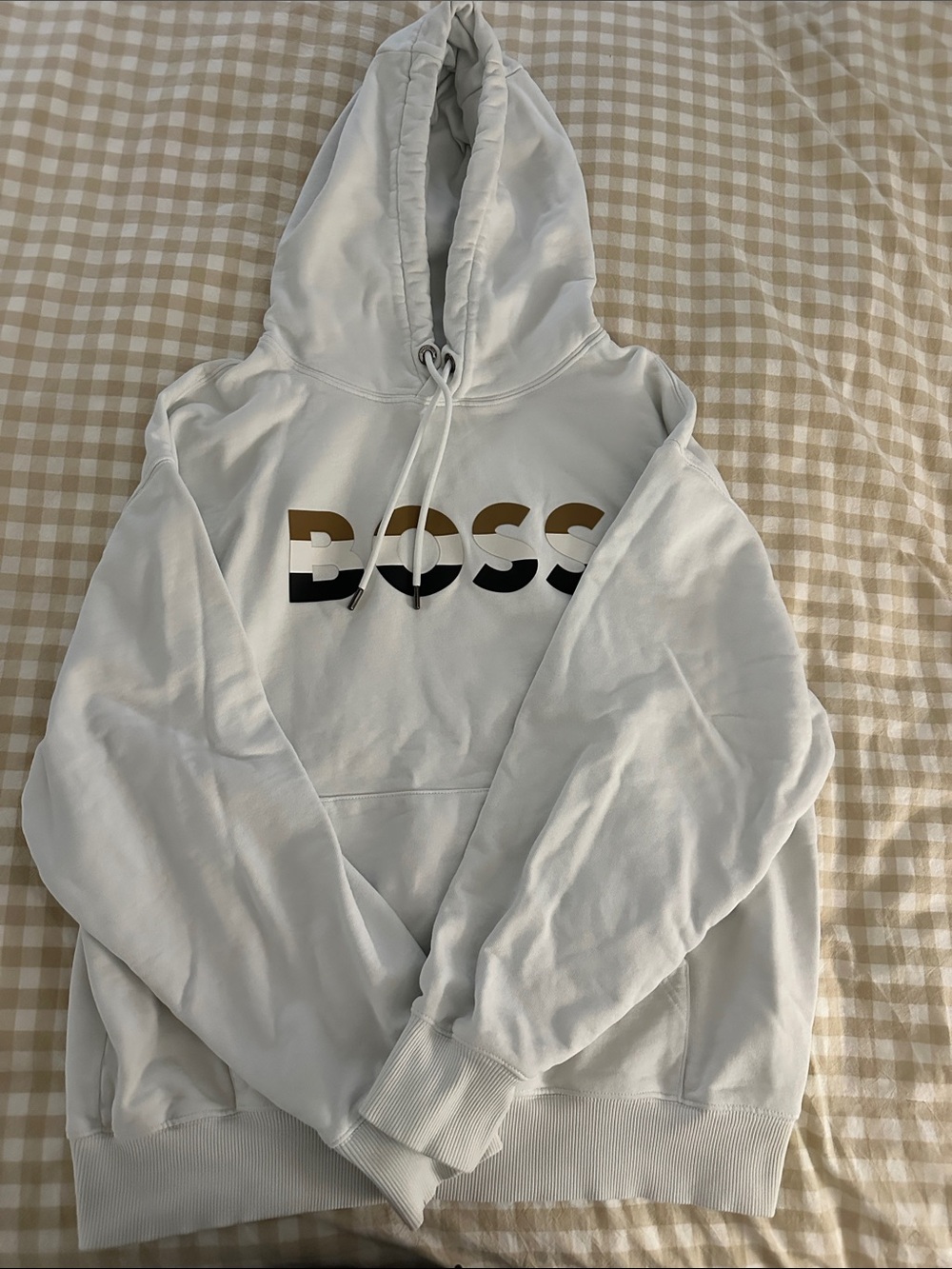 BOSS White Hoodie with Tricolor Logo